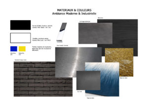 Book déco style Moderne - Industriel par Anne-Solenn Cherat, Décoratrice UFDI : Les planches matériaux présentent les différents matériaux et le code couleur qui vont composer l'intérieur. Elles peuvent être travaillées par photomontage ou faites à la main. Dans cet intérieur au style moderne et industriel, les matériaux bruts comme la brique, le métal et le bois ont la part belle. Les couleurs sombres comme le noir du mur en brique s'associent aux couleurs primaires que l'on retrouve dans les œuvres de Piet Mondrian. De plus, les teintes de jaune et de bleu sélectionnées évoque le Jardin Majorelle.